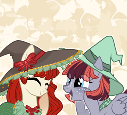 Size: 1474x1334 | Tagged: safe, artist:shore2020, derpibooru import, oc, oc only, earth pony, pegasus, pony, duo, female, hat, mare, smiling, squee, witch hat