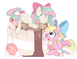 Size: 3723x2871 | Tagged: safe, artist:shore2020, derpibooru import, oc, oc only, oc:bay breeze, oc:mirabelle, pegasus, pony, unicorn, bow, cake, duo, female, food, grin, hair bow, high res, mare, open mouth, open smile, simple background, smiling, tail, tail bow, white background
