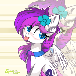 Size: 3110x3127 | Tagged: safe, artist:shore2020, derpibooru import, oc, oc only, oc:lavanda, pegasus, pony, :p, blushing, flower, flower in hair, necktie, pegasus oc, solo, tongue, tongue out, zoom layer