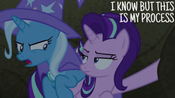 Size: 1280x720 | Tagged: safe, derpibooru import, edit, edited screencap, editor:quoterific, screencap, starlight glimmer, trixie, pony, unicorn, season 7, to change a changeling, brooch, cape, clothes, duo, female, hat, jewelry, mare, open mouth, text, trixie's brooch, trixie's cape, trixie's hat