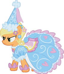 Size: 831x962 | Tagged: safe, derpibooru import, applejack, earth pony, pony, look before you sleep, angry, applejack is not amused, bow, clothes, dress, ear piercing, flower, flower in hair, froufrou glittery lacy outfit, glare, jewelry, looking at someone, necklace, piercing, princess, princess applejack, simple background, transparent background, unamused, unimpressed