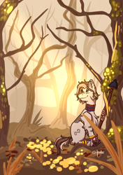 Size: 1390x1972 | Tagged: safe, artist:arielbei, derpibooru import, oc, oc:nishati, zebra, brown eyes, dead tree, forest, jewelry, plant, shrub, signature, sitting, smiling, solo, spear, sun, tail, tree, two toned mane, two toned tail, weapon