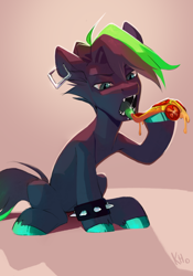 Size: 1284x1833 | Tagged: safe, artist:khvorost162, derpibooru import, oc, earth pony, pony, ear piercing, eating, fangs, food, piercing, pizza, solo, spiked wristband, tongue, tongue out, wristband