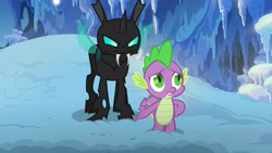 Size: 1920x1080 | Tagged: safe, derpibooru import, screencap, spike, thorax, changeling, dragon, season 6, the times they are a changeling, 1080p, 1920x1080, angry, appearance, duo, duo male, fangs, male, narrowed eyes, surprise motherfucker