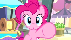 Size: 1920x1080 | Tagged: safe, derpibooru import, screencap, pinkie pie, earth pony, pony, pinkie pride, season 4, 1080p, 1920x1080, :o, female, looking at you, mare, open mouth, pointing at you, solo, underhoof, you