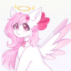 Size: 2040x2040 | Tagged: safe, artist:saltyvity, derpibooru import, oc, oc only, angel, pegasus, pony, blushing, bow, chest fluff, commission, cute, ear fluff, ears, embarrassed, female, flower, flower in hair, fluffy, hair bow, halo, happy, mare, patterned background, pink eyes, pink mane, solo, sparkles, white body