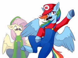 Size: 4096x3072 | Tagged: safe, artist:buvanybu, derpibooru import, fluttershy, rainbow dash, pegasus, pony, cap, clothes, cosplay, costume, crossover, female, hat, luigi, luigi's hat, luigishy, maridash, mario, mario's hat, overalls, shirt, super mario bros., undershirt