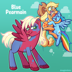 Size: 2048x2048 | Tagged: safe, artist:saggiemimms, derpibooru import, applejack, rainbow dash, oc, oc:blue pearmain, earth pony, pegasus, pony, appledash, female, lesbian, magical lesbian spawn, offspring, parent:applejack, parent:rainbow dash, parents:appledash, shipping