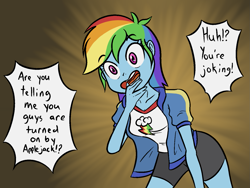 Size: 1439x1080 | Tagged: safe, artist:happy harvey, derpibooru import, rainbow dash, human, equestria girls, clothes, cutie mark on clothes, dialogue, drawn on phone, drawthread, female, implied applejack, jacket, meme, open mouth, ponified, ponified meme, shirt, solo, spandex, tomboy