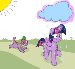 Size: 3091x2853 | Tagged: safe, artist:doodledonutart, derpibooru import, spike, twilight sparkle, twilight sparkle (alicorn), alicorn, dragon, pony, abuse, cloud, comic, hot, newbie artist training grounds, snow, spikeabuse, sun, twibitch sparkle