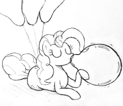 Size: 2763x2377 | Tagged: safe, artist:mizhisha, derpibooru import, pinkie pie, earth pony, pony, balloon, black and white, blowing up balloons, eyes closed, female, grayscale, mare, monochrome, sketch, solo