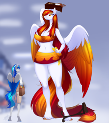 Size: 2149x2416 | Tagged: safe, artist:scarlet-spectrum, derpibooru import, oc, oc:diamond sun, oc:hawker hurricane, anthro, pegasus, unguligrade anthro, bag, big breasts, breasts, cleavage, clothes, colored wings, commission, cutie mark, female, grandfather clock, hawkmond, long hair, long mane, long tail, male, shopping bag, size difference, stallion, tail, wings