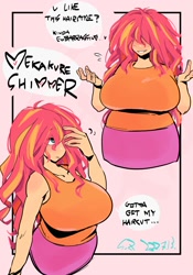 Size: 1400x2000 | Tagged: safe, artist:sozglitch, derpibooru import, sunset shimmer, human, alternate hairstyle, big breasts, breasts, chubby, clothes, dialogue, female, grin, hair over eyes, hair over one eye, heart, plump, smiling, speech bubble, sunset jiggler