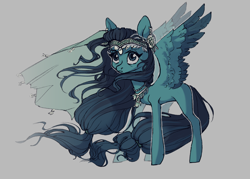 Size: 2100x1500 | Tagged: safe, artist:shore2020, derpibooru import, oc, oc only, oc:aqua borealis, pegasus, pony, colored wings, ear piercing, earring, jewelry, piercing, simple background, solo, two toned wings, veil, windswept mane, wings