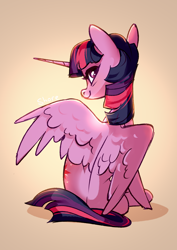 Size: 2894x4093 | Tagged: safe, artist:shore2020, derpibooru import, twilight sparkle, twilight sparkle (alicorn), alicorn, pony, female, high res, looking at you, looking back, looking back at you, looking over shoulder, mare, rear view, simple background, sitting, smiling, smiling at you, solo