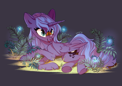 Size: 4093x2894 | Tagged: safe, artist:shore2020, derpibooru import, princess luna, alicorn, butterfly, pony, admiral (butterfly), butterfly on nose, female, fern, high res, insect on nose, lying down, mare, plant, s1 luna, smiling, solo, underhoof