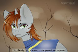 Size: 2000x1350 | Tagged: safe, artist:henneysee86, artist:new_henneysee86, derpibooru import, oc, oc only, oc:littlepip, pony, unicorn, fallout equestria, cigarette, clothes, cloud, female, jumpsuit, mare, smoking, solo, tree, vault suit, ych example, your character here