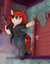 Size: 2618x3310 | Tagged: safe, artist:lockheart, derpibooru import, pony, control (video game), door, floating, gun, headphones, jesse faden, ponified, solo, walkman, weapon