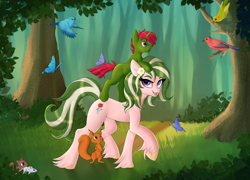 Size: 4612x3312 | Tagged: safe, artist:olala, derpibooru import, oc, oc:rose garden, oc:rose quartz, bird, butterfly, earth pony, mouse, pony, squirrel, unicorn, amazed, brother and sister, bush, commission, commissioner:shoemakerpony, cute, dirt road, female, flower, forest, grass, green fur, green hair, male, nature, purple eyes, red hair, siblings, talking, teaching, tree, two toned hair, unshorn fetlocks, violet eyes, walking, young