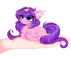 Size: 3856x3098 | Tagged: safe, artist:pesty_skillengton, derpibooru import, human, pegasus, pony, chest fluff, chibi, cute, ear fluff, ears, female, hand, heart, in goliath's palm, looking up, lying down, mare, micro, offscreen character, offscreen human, prone, simple background, size difference, smiling, solo, white background