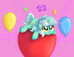 Size: 3640x2818 | Tagged: safe, artist:background basset, derpibooru import, lyra heartstrings, pony, unicorn, abstract background, balloon, cute, female, lyrabetes, mare, smiling, solo