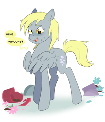 Size: 1740x2023 | Tagged: safe, artist:aztrial, derpibooru import, derpy hooves, pegasus, pony, blushing, broken vase, female, flower, flower pot, mare, nervous, oops my bad, simple background, smiling, solo, sweat, white background