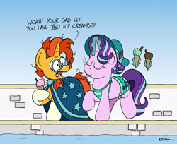 Size: 1024x834 | Tagged: safe, artist:bobthedalek, derpibooru import, starlight glimmer, sunburst, pony, unicorn, atg 2022, bikini, clothes, food, gee bill, hat, ice cream, ice cream cone, implied firelight, magic, newbie artist training grounds, swimming pool, swimsuit, telekinesis