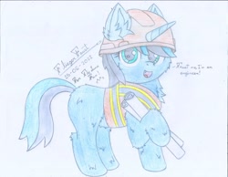 Size: 2194x1700 | Tagged: safe, artist:fliegerfausttop47, derpibooru exclusive, derpibooru import, oc, oc only, oc:the luna fan, unicorn, birthday gift, blueprint, chest fluff, clothes, ear fluff, ears, hard hat, hat, horn, looking at you, safety vest, simple background, smiling, solo, traditional art, unicorn oc, white background