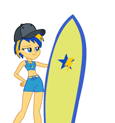Size: 700x750 | Tagged: safe, artist:mlpfan3991, derpibooru import, oc, oc only, oc:flare spark, equestria girls, belly button, cap, clothes, cutie mark, female, hat, simple background, solo, surfboard, swimming trunks, swimsuit, tomboy, white background