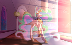 Size: 3200x2000 | Tagged: safe, artist:digitaldrawingmachine, derpibooru import, princess celestia, alicorn, pony, canterlot castle, crepuscular rays, crown, ethereal mane, ethereal tail, female, hoof shoes, jewelry, mare, raised hoof, raised leg, regalia, solo, stained glass, sun ray, tail