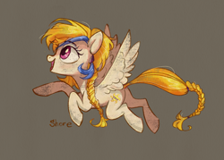 Size: 2100x1500 | Tagged: safe, artist:shore2020, derpibooru import, idw, golden feather, princess celestia, pegasus, pony, spoiler:comic, spoiler:comic65, braid, braided tail, disguise, disguised celestia, female, mare, open mouth, open smile, profile, side view, simple background, smiling, solo, tail
