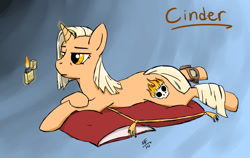Size: 1280x809 | Tagged: safe, oc, oc only, oc:cinder trails, unicorn, fallout equestria, fallout equestria: guise of chaos, fanfic art, goggles, lighter, lying down, magic, paragon, pillow, pyromancer, pyromaniac, raider, telekinesis