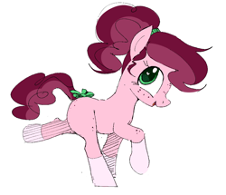 Size: 1006x864 | Tagged: safe, artist:hattsy, oc, oc only, oc:cherry pie, earth pony, pony, bow, coat markings, female, filly, foal, freckles, hairband, heart eyes, looking back, open mouth, open smile, ponytail, profile, raised hoof, raised leg, running, side view, simple background, smiling, socks (coat marking), solo, tail bow, white background, wingding eyes