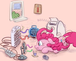 Size: 2000x1600 | Tagged: safe, artist:nedemai, derpibooru import, pinkie pie, earth pony, pony, atg 2022, fan, game boy, newbie artist training grounds, power bar, smiling, solo, summer, window, windswept mane