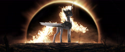 Size: 5162x2160 | Tagged: safe, artist:amarthgul, derpibooru import, daybreaker, alicorn, pony, absurd resolution, atg 2022, digital art, eclipse, evil, female, fire, mare, newbie artist training grounds, solar eclipse, solo