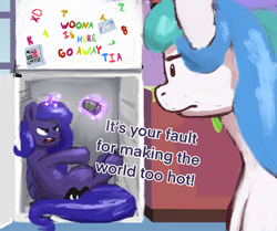 Size: 2447x2048 | Tagged: safe, artist:phutashi, derpibooru import, princess celestia, princess luna, alicorn, pony, atg 2022, dialogue, duo, female, filly, foal, high res, levitation, magic, mare, newbie artist training grounds, pony in fridge, psp, refrigerator, refrigerator magnets, royal sisters, shopping list, siblings, silly princess stuff, sisters, summer, telekinesis, woona, younger