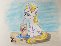 Size: 2100x1575 | Tagged: safe, artist:opti, derpibooru import, oc, oc only, oc:guiding light, pony, unicorn, atg 2022, drinking straw, newbie artist training grounds, sitting, soda, solo, traditional art