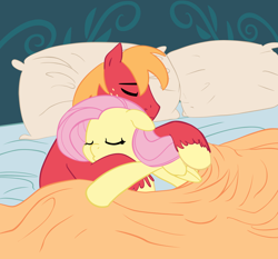 Size: 2150x2000 | Tagged: safe, anonymous artist, artist:carnifex, derpibooru import, edit, big macintosh, fluttershy, earth pony, pegasus, pony, bed, blanket, colored, cuddling, cuddling in bed, eyes closed, female, flat colors, fluttermac, high res, in bed, male, mare, pillow, shipping, sleeping, smiling, stallion, straight