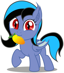 Size: 2940x3310 | Tagged: safe, artist:strategypony, derpibooru import, oc, oc only, oc:midnight grave, bat pony, bat pony oc, cute, cute little fangs, daaaaaaaaaaaw, ear tufts, fangs, female, filly, foal, food, fruit, looking at you, mango, mouth hold, nom, ocbetes, red eyes, simple background, tail, transparent background, two toned mane, two toned tail, walking, wings