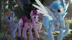 Size: 1920x1080 | Tagged: safe, artist:skylightshine, derpibooru import, oc, oc only, oc:meng xin, oc:siriusnavigator, oc:skylightshine, pegasus, pony, unicorn, bag, book, force field, forest, jewelry, necklace, saddle bag, scar