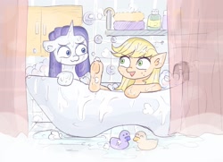 Size: 2048x1485 | Tagged: safe, artist:reyam, derpibooru import, applejack, rarity, earth pony, pony, unicorn, :3, bath, bathroom, bathtub, bubble, bubble bath, duo, duo female, female, freckles, hatless, horn, lesbian, looking at each other, looking at someone, mare, missing accessory, rarijack, rubber duck, shipping, underhoof, wet, wet mane