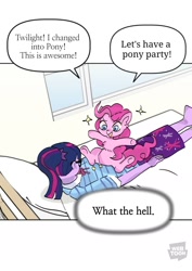 Size: 1078x1524 | Tagged: safe, artist:reyam, derpibooru import, pinkie pie, sci-twi, twilight sparkle, earth pony, human, pony, equestria girls, bed, clothes, dialogue, duo, duo female, female, glasses, human to pony, implied transformation, looking at someone, mare, simple background, sparkles, species swap, speech bubble, transformation, underhoof, white background