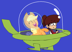 Size: 648x472 | Tagged: safe, artist:guihercharly, derpibooru import, applejack, earth pony, human, astrojack, caption, crossover, driving, glass dome, image macro, laughing, lynn loud, space car, space helmet, text, the jetsons, the loud house