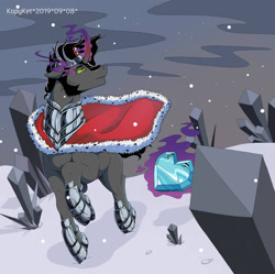 Size: 1280x1274 | Tagged: safe, artist:kopyket, derpibooru import, king sombra, pony, unicorn, black mane, cape, clothes, colored horn, crown, crystal, crystal heart, curved horn, digital art, hoof shoes, horn, jewelry, looking up, magic, male, raised hoof, raised leg, red horn, regalia, sky, snow, solo, sombra eyes, sombra horn, stallion, walking
