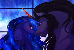 Size: 3700x2528 | Tagged: safe, artist:silverwolf866, derpibooru import, king sombra, princess luna, alicorn, pony, unicorn, black mane, blue mane, blushing, colored horn, curved horn, digital art, ethereal mane, female, flowing mane, horn, lidded eyes, looking at each other, looking at someone, lumbra, male, mare, night, rain, red eyes, shipping, sky, smiling, sombra horn, speedpaint, stallion, starry mane, stars, straight, teeth, window