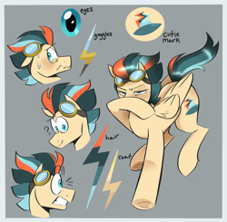 Size: 2048x2008 | Tagged: artist needed, safe, derpibooru import, oc, oc only, oc:turbo swifter, pegasus, adoptable, ears, floppy ears, goggles, male, multicolored hair, paypal, question mark, selling, solo, stallion, sweat