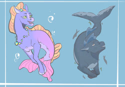 Size: 1280x890 | Tagged: safe, artist:larkplay, derpibooru import, oc, oc only, fish, hybrid, merpony, seapony (g4), blue background, brown eyes, bubble, digital art, dorsal fin, female, fins, fish tail, flowing tail, green eyes, jewelry, looking up, male, necklace, ocean, open mouth, simple background, smiling, swimming, tail, teeth, underwater, water, whale seapony