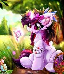 Size: 2257x2618 | Tagged: safe, artist:woonborg, derpibooru import, oc, oc:bloody herb, unicorn, basket, bow, bracelet, chest fluff, ear fluff, ears, feather, flower, flower in hair, hair bow, jewelry, magic, solo, tree