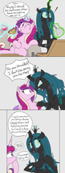 Size: 2000x5292 | Tagged: safe, artist:icey, derpibooru import, princess cadance, queen chrysalis, alicorn, changeling, changeling queen, pony, alcohol, blatant lies, blushing, cadalis, duo, duo female, female, fleetwood mac, food, glass, infidelity, lesbian, mare, pizza, shipping, song reference, telling lies, wine, wine glass