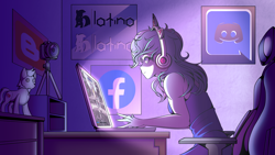 Size: 2160x1216 | Tagged: safe, artist:digitaldrawingmachine, derpibooru import, oc, oc:luz, human, unicorn, equestria girls, humanized, ponylatino, river, room, stream, video game, water